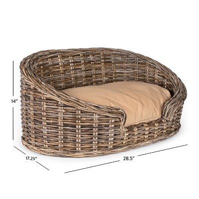 Curved Handwoven Rattan Elevated Dog Bed with Beige Cushion