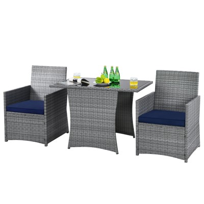 Tangkula 3PCS Patio Rattan Furniture Set Outdoor Wicker Table & Chair Set w/Cushions White/Red/Gray/Turquoise/Navy