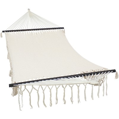 Sunnydaze Deluxe American Style Hand-Woven Cotton and Nylon Mayan Hammock with Stand - 400 lb Weight Capacity/15' Stand - Off-White