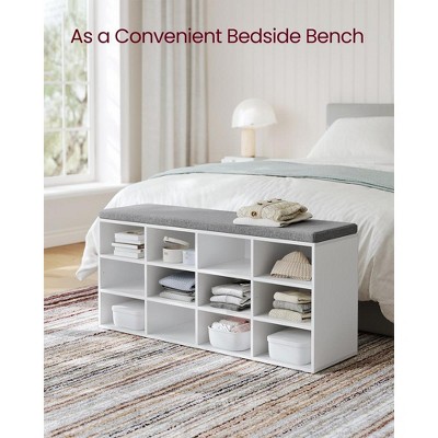 White and Gray 12-Cubby Shoe Storage Bench with Cushion