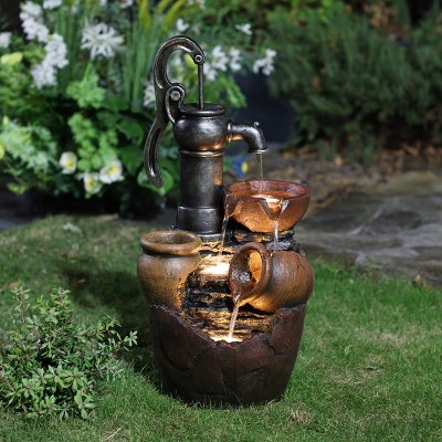 Rustic Brown Poly-Resin Farmhouse Pump and Pots Fountain with LED Lights