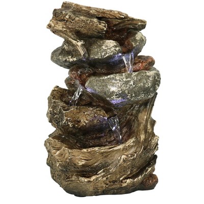 Sunnydaze Indoor Home Decorative Tiered Rock and Log Waterfall Tabletop Water Fountain with LED Lights - 10"