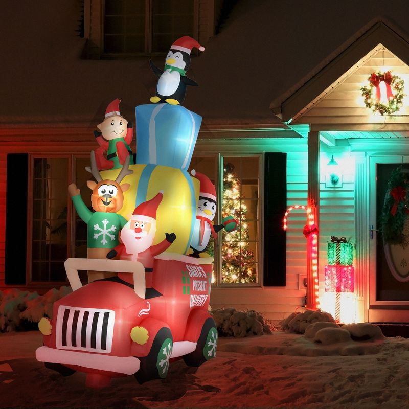 Outsunny 9ft Christmas Inflatables Outdoor Decorations Santa Claus Drives a Gift Car with Elk, Elf and Two Penguins, Blow-Up LED Yard Christmas Decor, 3 of 8