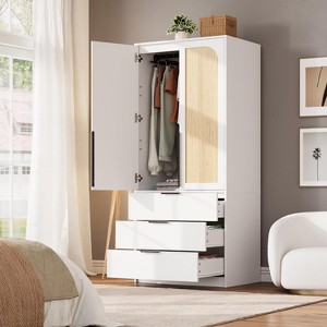 Rattan Armoire Wardrobe Closet with 3 Drawers and 2 Doors, Modern Wooden Wardrobe Cabinets for Hanging Clothes - 1 of 4