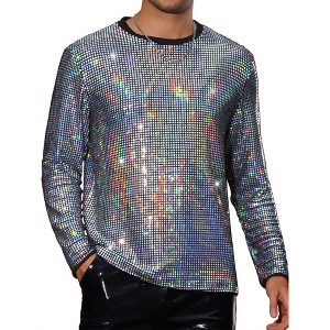 Lars Amadeus Men's Round Neck Long Sleeve Disco Party Shining Metallic Sparkly Sequin T-Shirt - 1 of 4