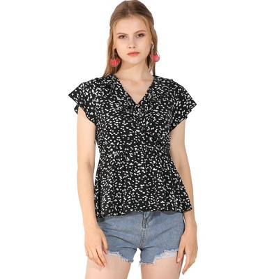 INSPIRE CHIC Women's Ruffle Collar Cap Sleeve Floral Wrap Blouse