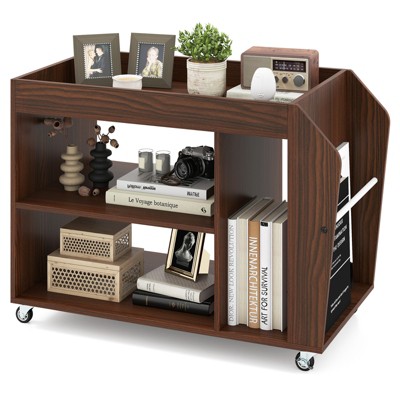 Tangkula Rolling Side Table with Storage with Magazine Rack & 3-Tier Open Shelves 4 Universal Wheels Mobile Filing Storage Rack End Table Walnut