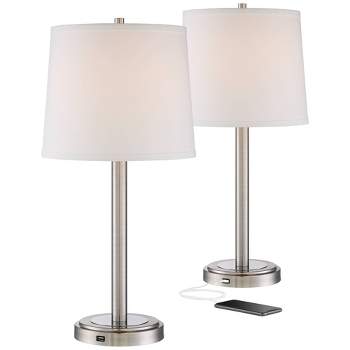 360 Lighting Camile Modern Table Lamps 25" High Set of 2 Brushed Nickel with USB Charging Port Off White Drum Shade for Living Room Office House Desk