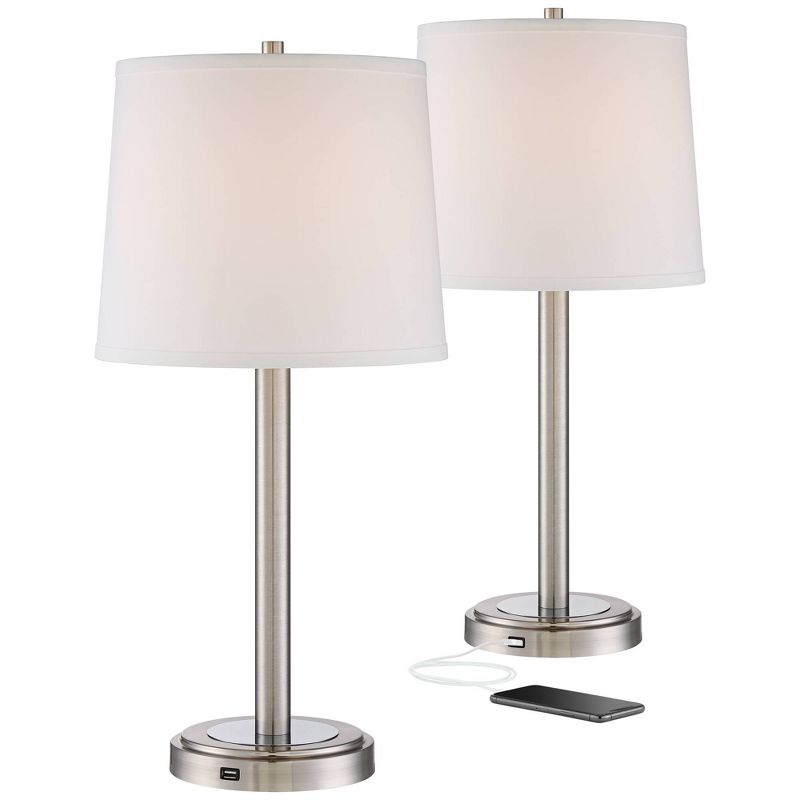 360 Lighting Camile Modern Table Lamps 25" High Set of 2 Brushed Nickel with USB Charging Port Off White Drum Shade for Living Room Office House Desk, 1 of 10