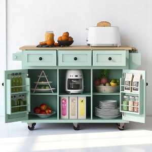 Rolling Kitchen Island with Rubberwood Drop Leaf, Internal Door Racks, Cabinet, 3 Drawers, Adjustable Shelves, Towel and Spice Racks - 1 of 4