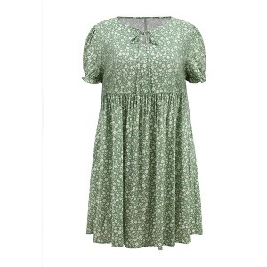 Women's Plus Size Ditsy Floral Print Tie Neck Puff Sleeve Elastic Waist A-Line Dress with Pocket - GRACE & GRANDEUR - 1 of 4