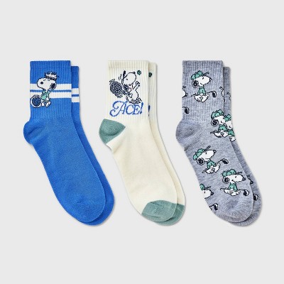 Women's Sporty Peanuts 3pk Mid Crew Socks - Ivory/Heather Gray/Blue 4-10