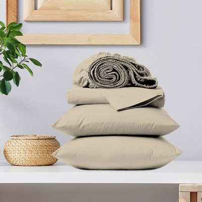 Beige Queen Cotton Deep Pocket Sheet Set with Pillowcases