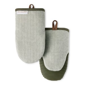 KITCHENAID� Evergreen Design Series Herringbone Ribbed Soft Silicone Mini Oven Mitts 2-Pack, Heat Resistant, Waterproof, Deep Forest Green, 5.5"x9" - 1 of 4
