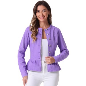 INSPIRE CHIC Women's Peplum Collarless Round Neck Button Down Cropped Ruffle Hem Denim Jackets - 1 of 4
