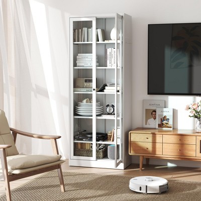 Yukimo 72"H Metal Kitchen Pantry Cabinet - 5 Adjustable Shelves + Glass Doors, White Freestanding Storage Organizer for Kitchen/Pantry/Bathroom