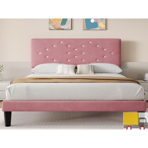 Jojoka Velvet Upholstered Platform Bed Frame with Tufted Headboard, Wooden Slats Support, Under Bed Storage, No Box Spring Needed - 1 of 4