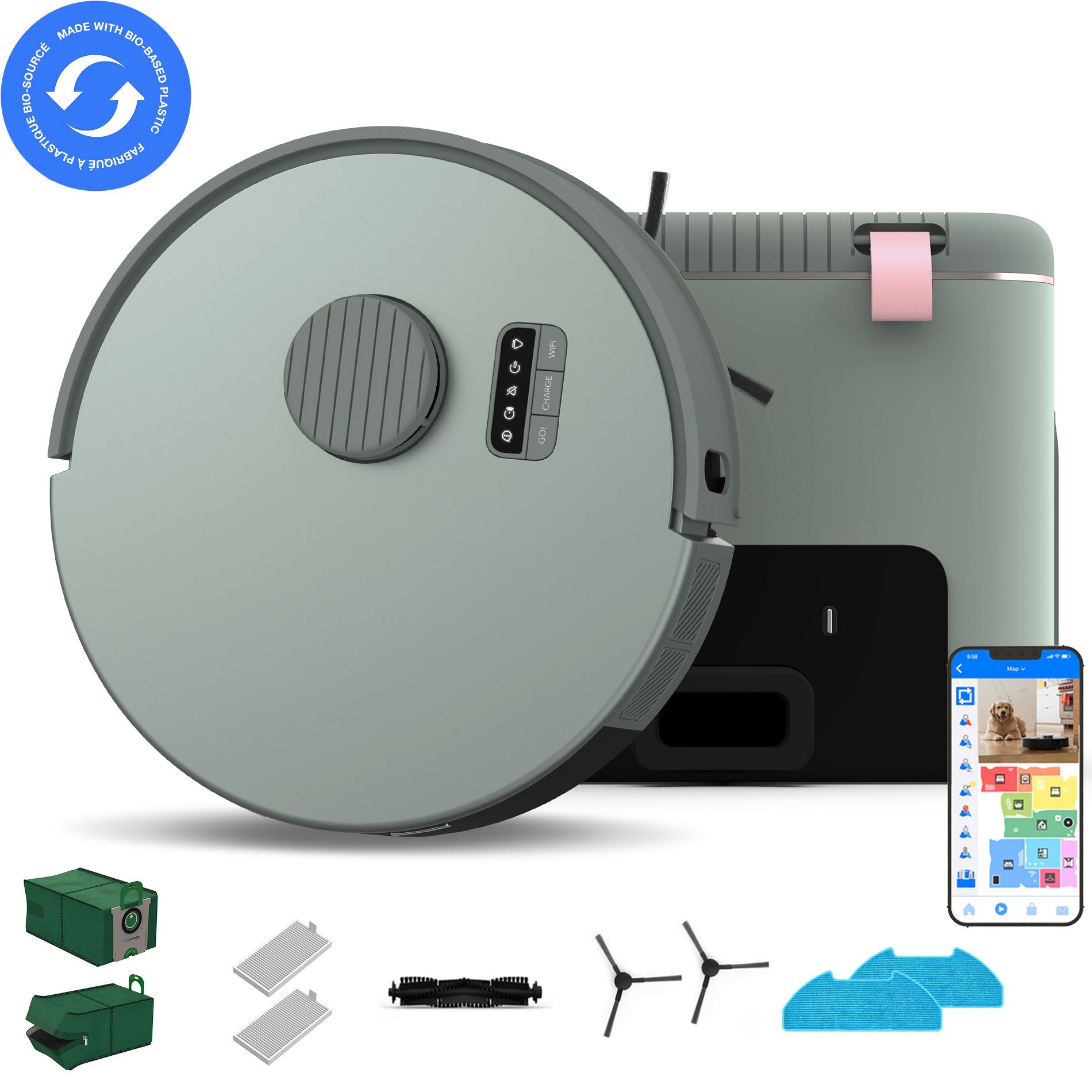 bObsweep Bio Auto-Empty Robot Vacuum & Mop with Reusable Charcoal-Lined Odor-Filtering Bags & Bottomless Dock Capacity, Made of Bio-Based Plastic