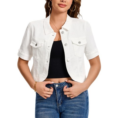 Женская куртка INSPIRE CHIC Short Sleeve Turndown Collar Curve Hem Pockets Denim Cropped Jean Jacket Large White, цвет: Джинсовый