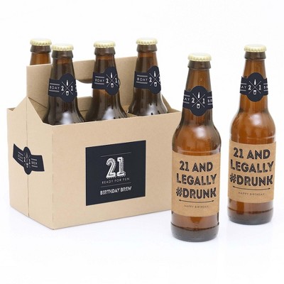 Big Dot of Happiness Finally 21 - 21st Birthday Party Decorations for Men - 6 Beer Bottle Label Stickers and 1 Carrier
