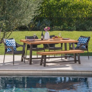 Fletcher 6pc Wicker and Acacia Wood Dining Set: Patio Furniture with Bench - Christopher Knight Home - 1 of 4