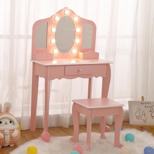 Kids Vanity Table & Stool (3-9 Yrs Girls) - Lighted Tri-Fold Mirror, Drawer & Storage Grid for Kids Makeup - 1 of 4