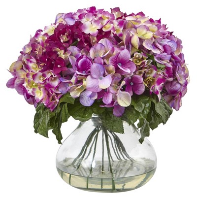 15" x 14" Artificial Hydrangea Arrangement with Glass Vase Pink - Nearly Natural