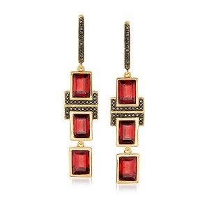 Ross-Simons 6.50 ct. t.w. Garnet and .20 ct. t.w. Black Spinel Drop Earrings in 18kt Gold Over Sterling - 1 of 4