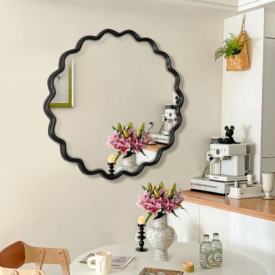 KWPZQEB Wall Mirror, Farmhouse Wooden Frame Decorative Mirror w/ Wavy Design, Art Decor Wall Mounted Vanity Mirror for Hallway, Entryway, Bathroom