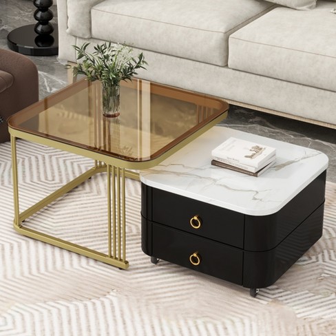 Whisen 2-in-1 Square Nesting Tempered Glass MDF Table Top Coffee Tables with Drawers and Wheels - image 1 of 4