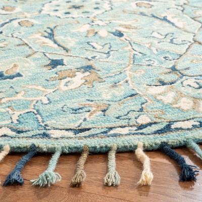 Blue Floral Round Hand Tufted Wool Area Rug