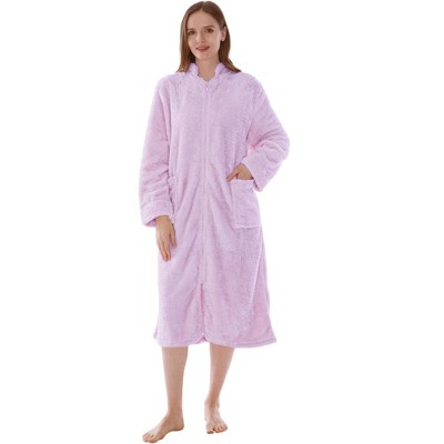 PAVILIA Womens Fluffy Housecoat Zip Robe, Faux Shearling Zipped Up Front Bathrobe, Plush Warm Zipper House Coat Lounger