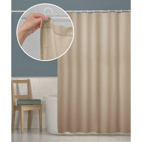 Smart Shower Curtains Waffle Fabric With Attached Hooks Tan