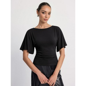 Nlife Women's Boat-neck Batwing Sleeves Solid Color Tee Shirt