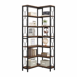 Lirago,23.62"L*23.62"W*78.74"H, 7-Tier Industrial Corner Bookshelf - Hexagonal Metal Frame Etagere with Side Rails - 1 of 4