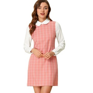 Allegra K Women's Contrast Peter Pan Collar Long Sleeve Above Knee Shift Plaid Dress - 1 of 4