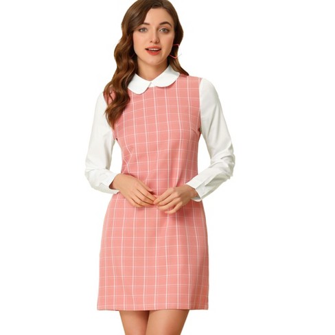 Allegra K Women s Contrast Peter Pan Collar Long Sleeve Above Knee Shift Plaid Dress Pink X Large