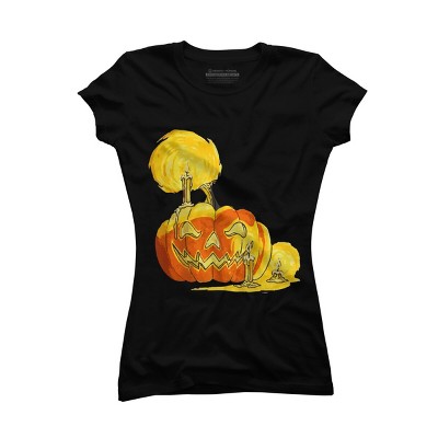 Junior's Design By Humans Halloween Pumpkin with Candle and Evil Smile By wubbadub T-Shirt