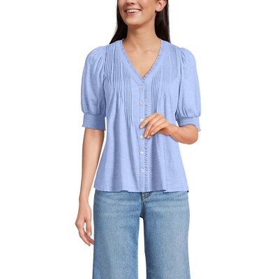 Lands' End Women's Button Pintuck Puff Sleeve Top