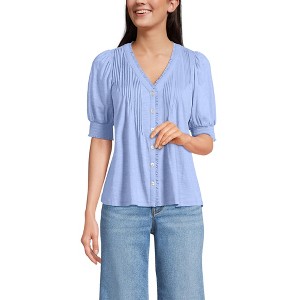 Lands' End Women's Button Pintuck Puff Sleeve Top - 1 of 3
