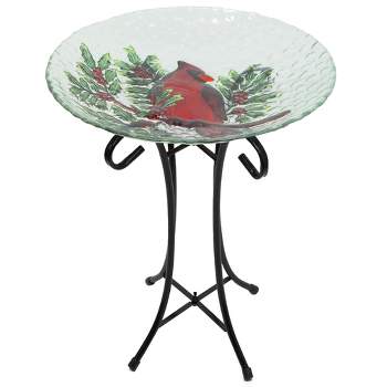 Northlight 21" Red Cardinal and Pine Cone Glass Bird Bath with Stand