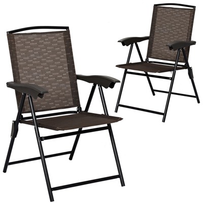 Tangkula Set of 2 Folding Sling Chairs Steel Armrest Patio Garden Pool Adjustable Back