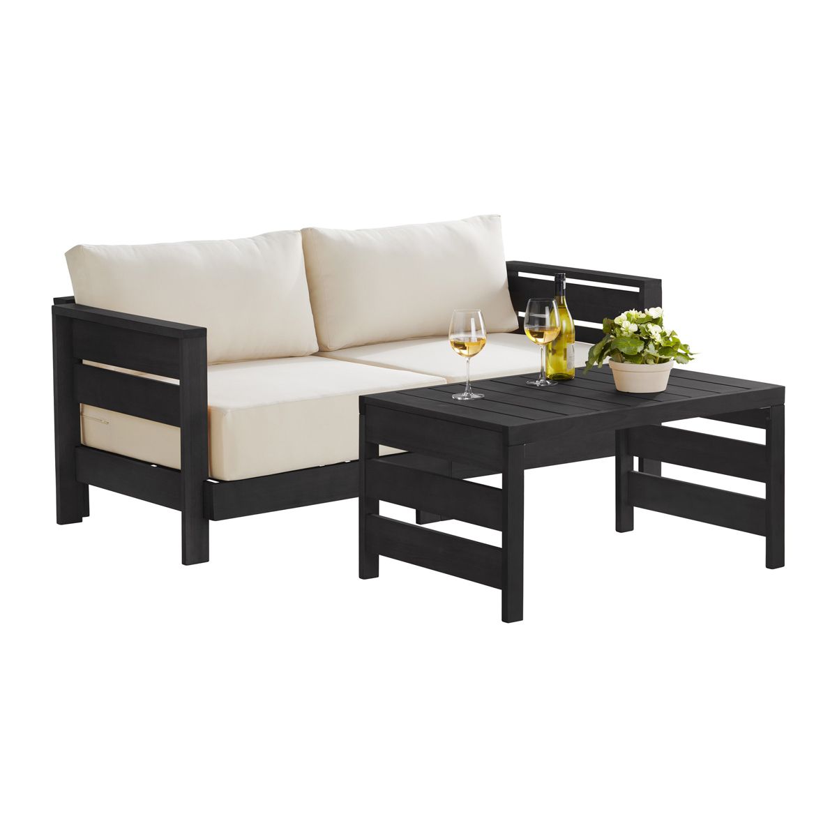 Alaterre Furniture Barton Patio Loveseat with Outdoor Coffee Table - Weather-Resistant Eucalyptus Wood Patio Furniture Set - 2 Seater (Black)