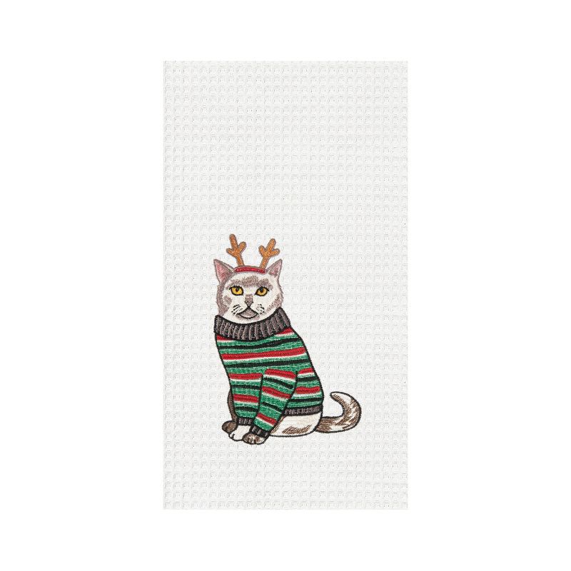C&F Home 27" x 18" Cat Wearing Christmas Sweater and Reindeer Ears Embroidered & Waffle Weave Cotton Kitchen Dish Towel, 1 of 4