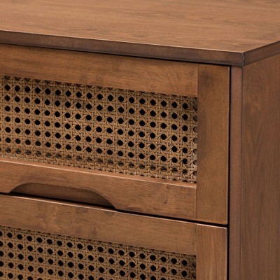 Walnut Brown Wood and Synthetic Rattan 2-Drawer Nightstand