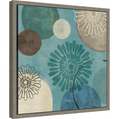Teal and Brown Abstract Floral Canvas Print with Gray Frame