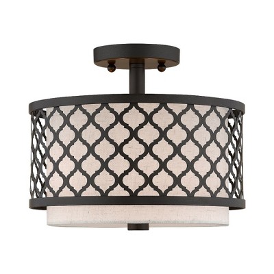 Arabesque English Bronze Drum Semi-Flush Mount with Off-White Shade