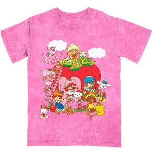 Hello Kitty X Strawberry Shortcake Strawberry House Women’s Pink Mineral Wash Crew Neck Short Sleeve T-shirt - 1 of 1