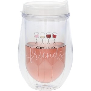 Pavilion Gift Company - Cheers To Friends - 12 oz Acrylic Stemless Wine Glass with Lid - Drinkware - 1 of 4