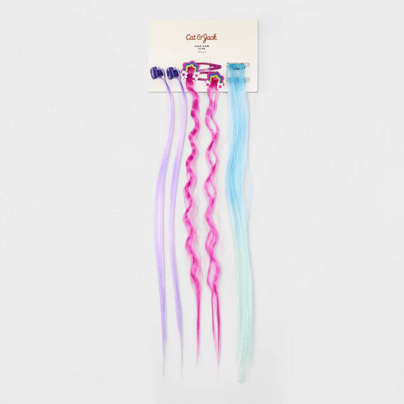 Girls&#39; 6pk Mixed Clip Set with Faux Hair Extensions - Cat &#38; Jack&#8482; Blue/Purple/Pink, 3 of 5